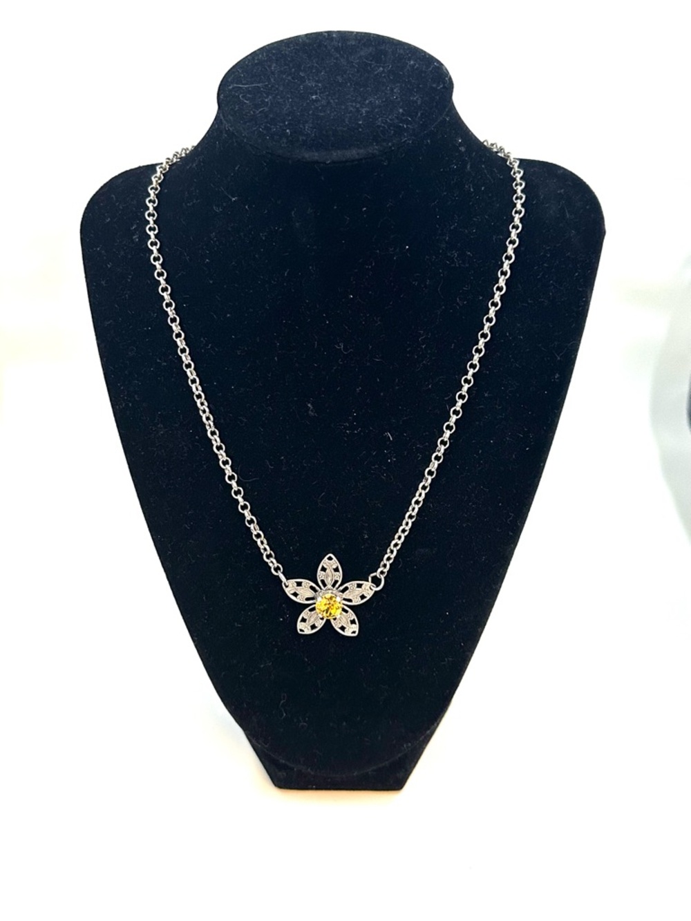 Silver Flower Pendant Necklace with Yellow Crystal